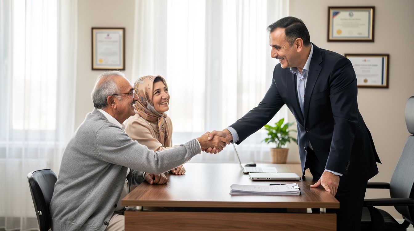 Legal advisor shaking hands with a client family in an office