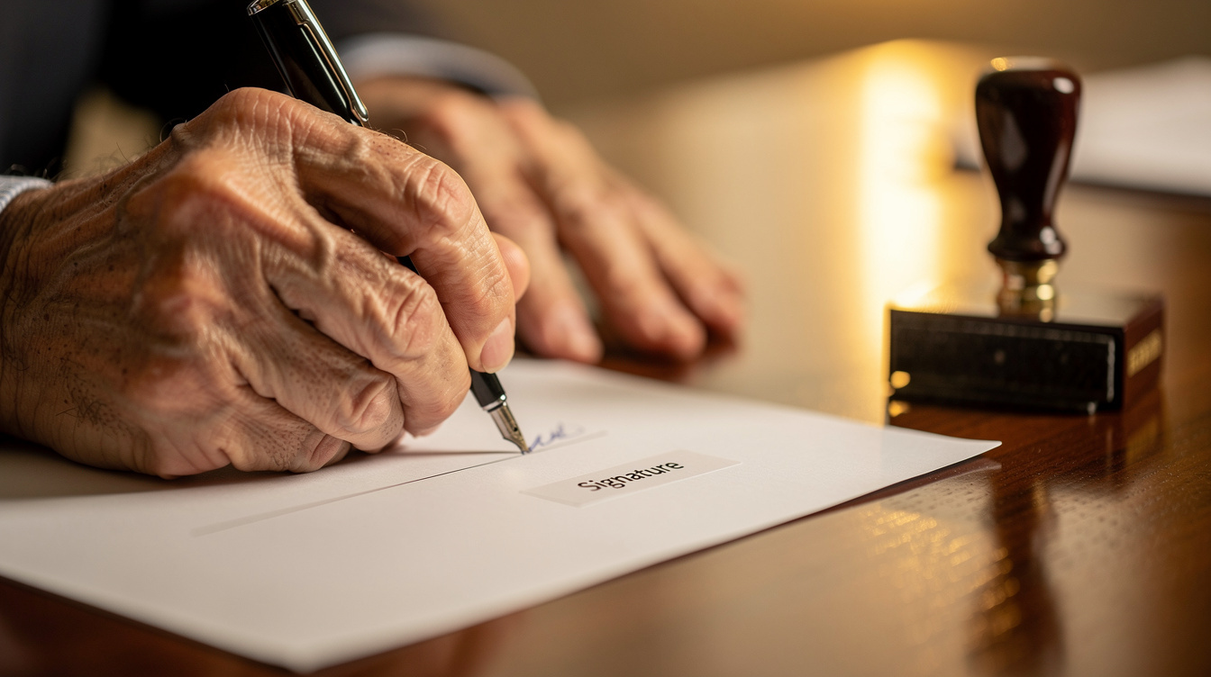 Close up of hands signing an inheritance document