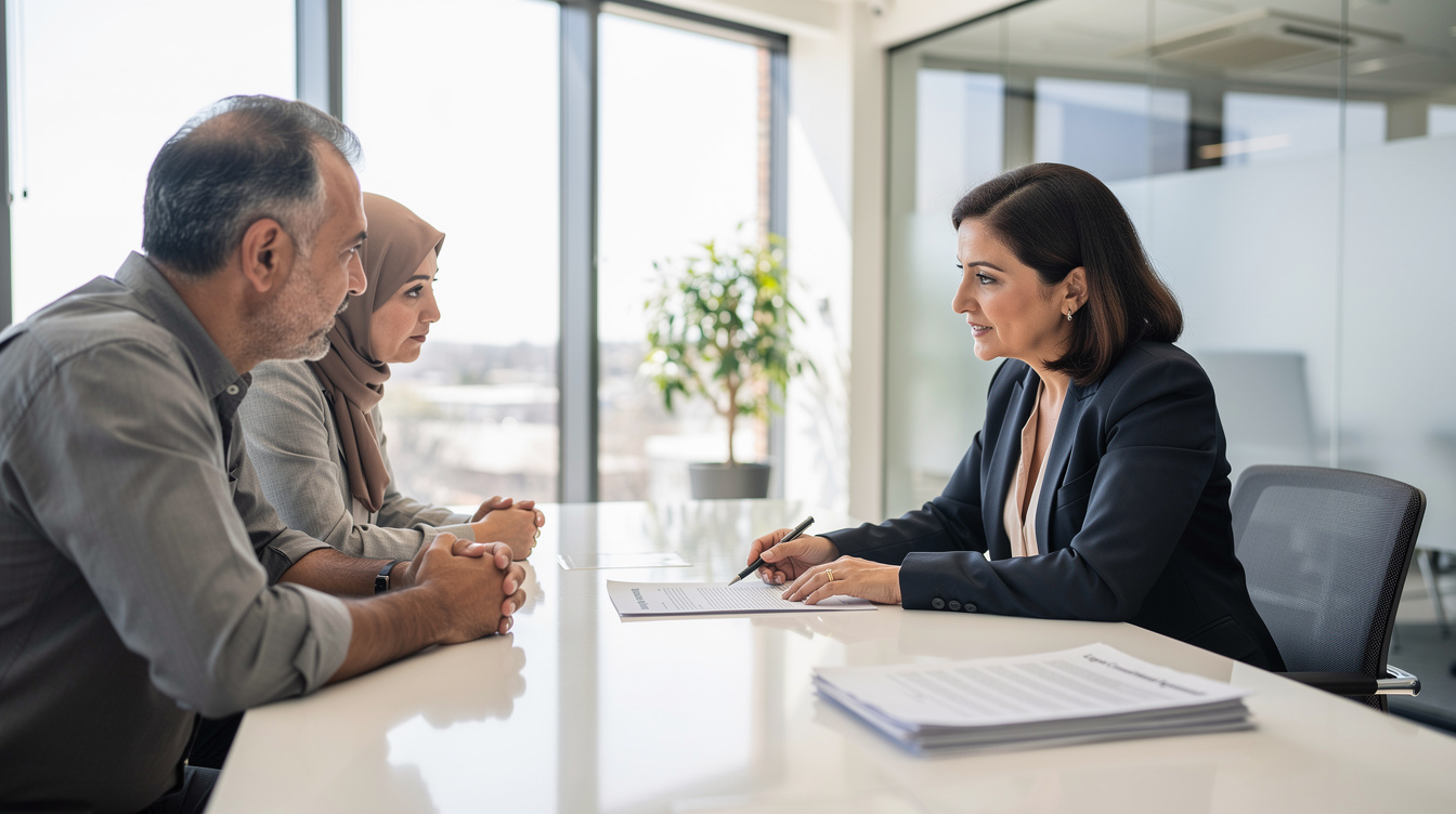 Legal advisor explaining inheritance documents to a client couple